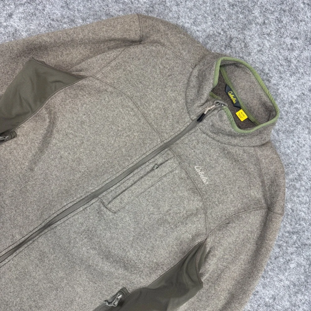 Cabelas Mens Fleece Full Zip Jacket XL Gray Green Trim Outdoor Casual‎
